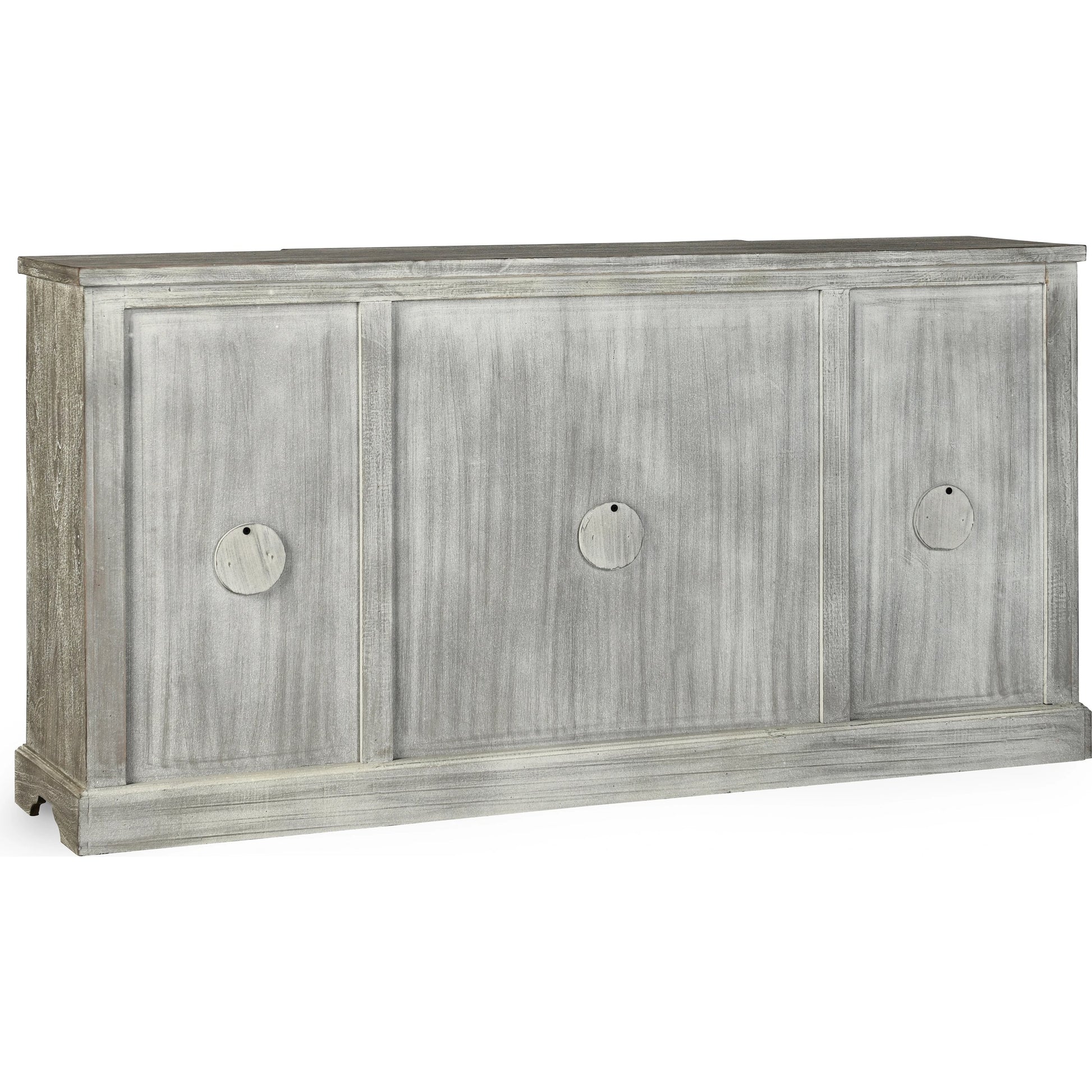 Harmony 4 Door Breakfront Sideboard by Classic Home in distressed warm gray. Made from mango wood in a eclectic & global style.