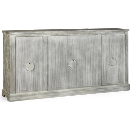 Harmony 4 Door Breakfront Sideboard by Classic Home in distressed warm gray. Made from mango wood in a eclectic & global style.