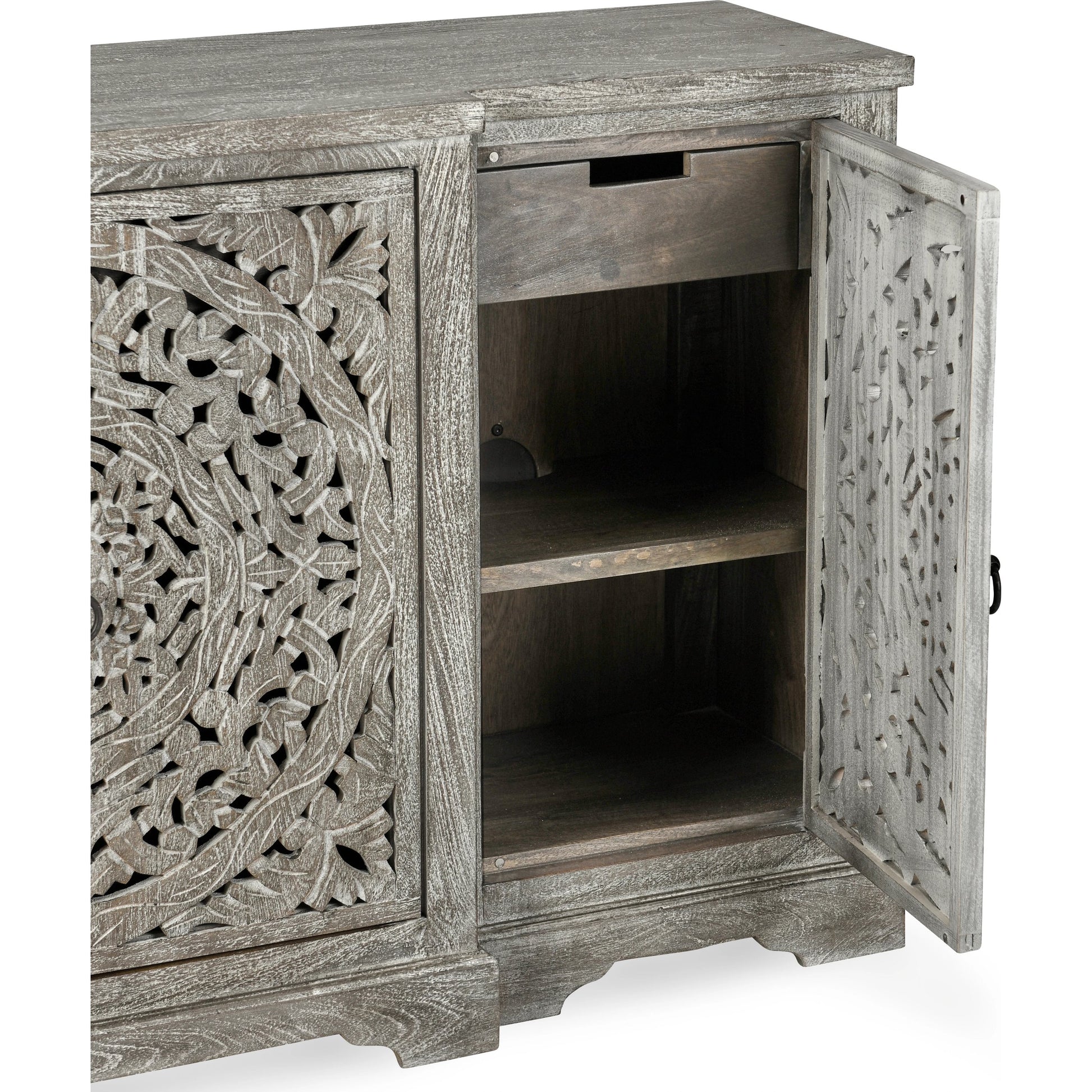 Harmony 4 Door Breakfront Sideboard by Classic Home in distressed warm gray. Made from mango wood in a eclectic & global style.