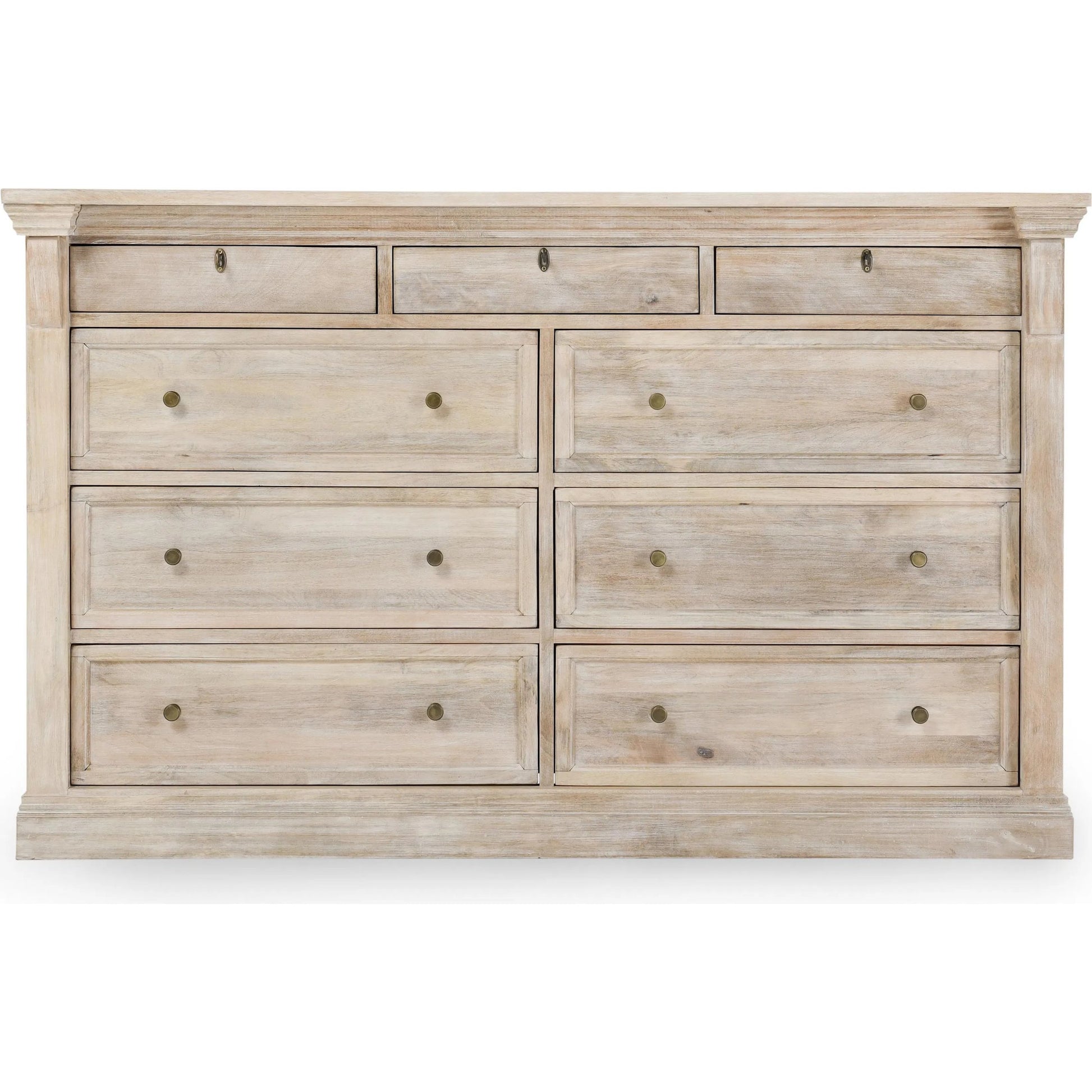 Adelaide 9-Drawer Mango Wood Dresser by Classic Home in white wash. Made from mango wood in a transitional style.