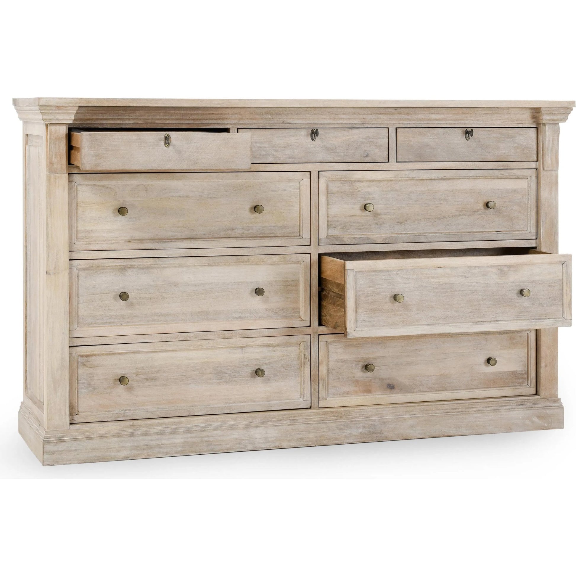 Adelaide 9-Drawer Mango Wood Dresser by Classic Home in white wash. Made from mango wood in a transitional style.