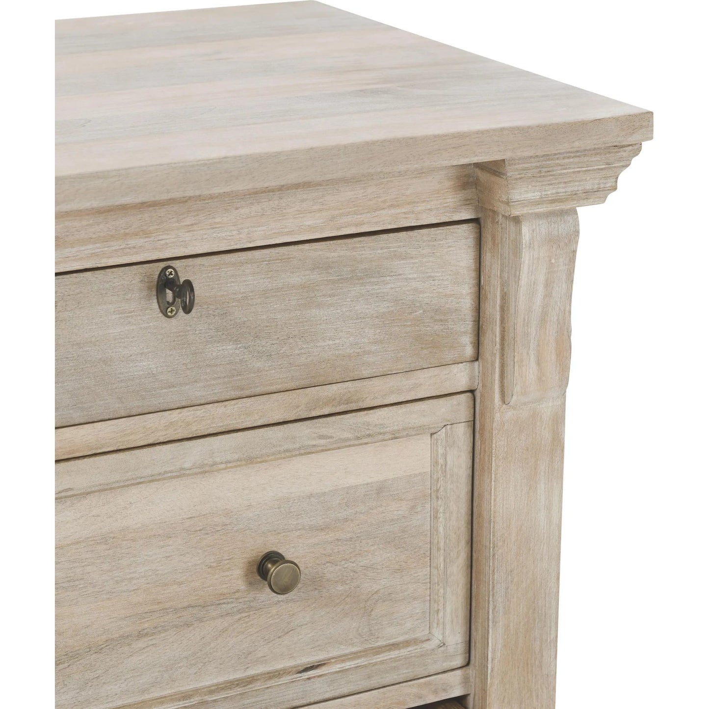 008 SI-2256329 | Closeup | Adelaide 9-Drawer Mango Wood Dresser by Classic Home in white wash. Made from mango wood in a transitional style.