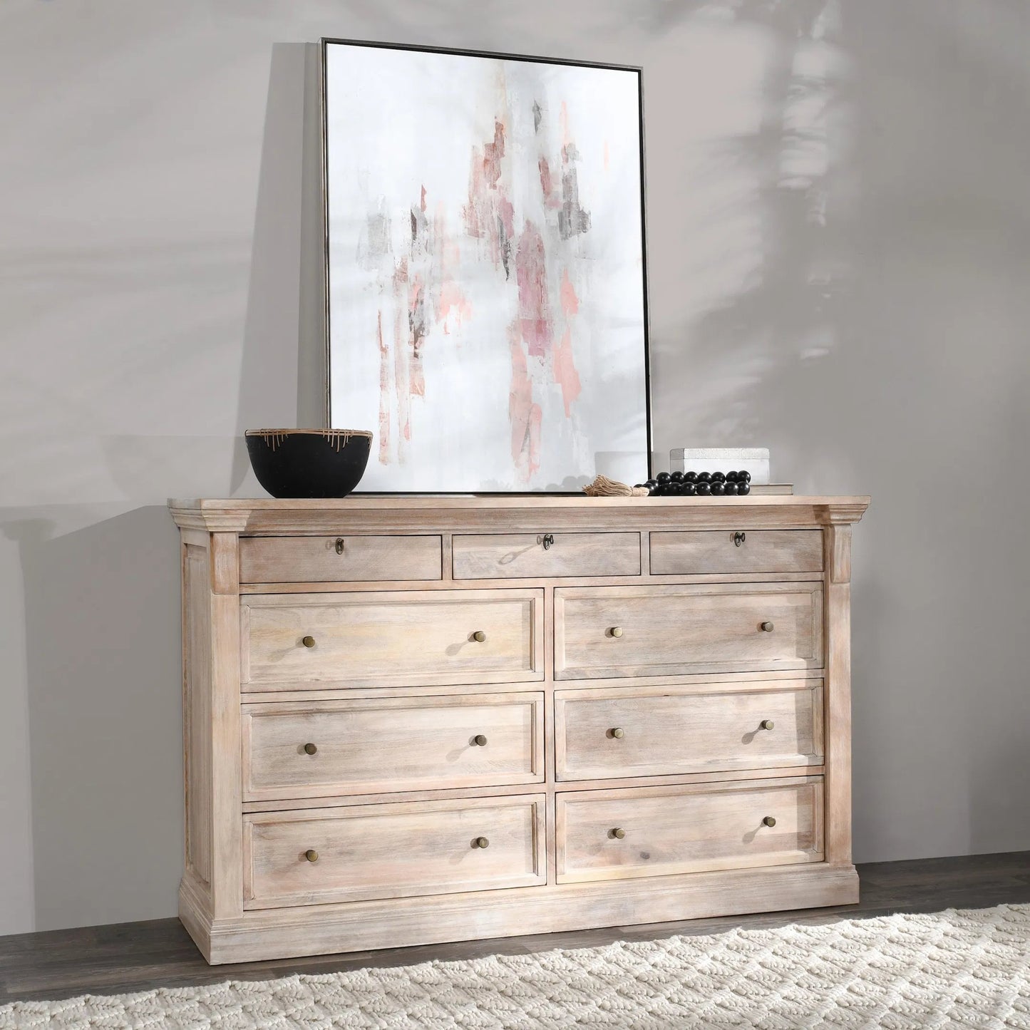 010 SI-2256329 | Lifestyle | Adelaide 9-Drawer Mango Wood Dresser by Classic Home in white wash. Made from mango wood in a transitional style.