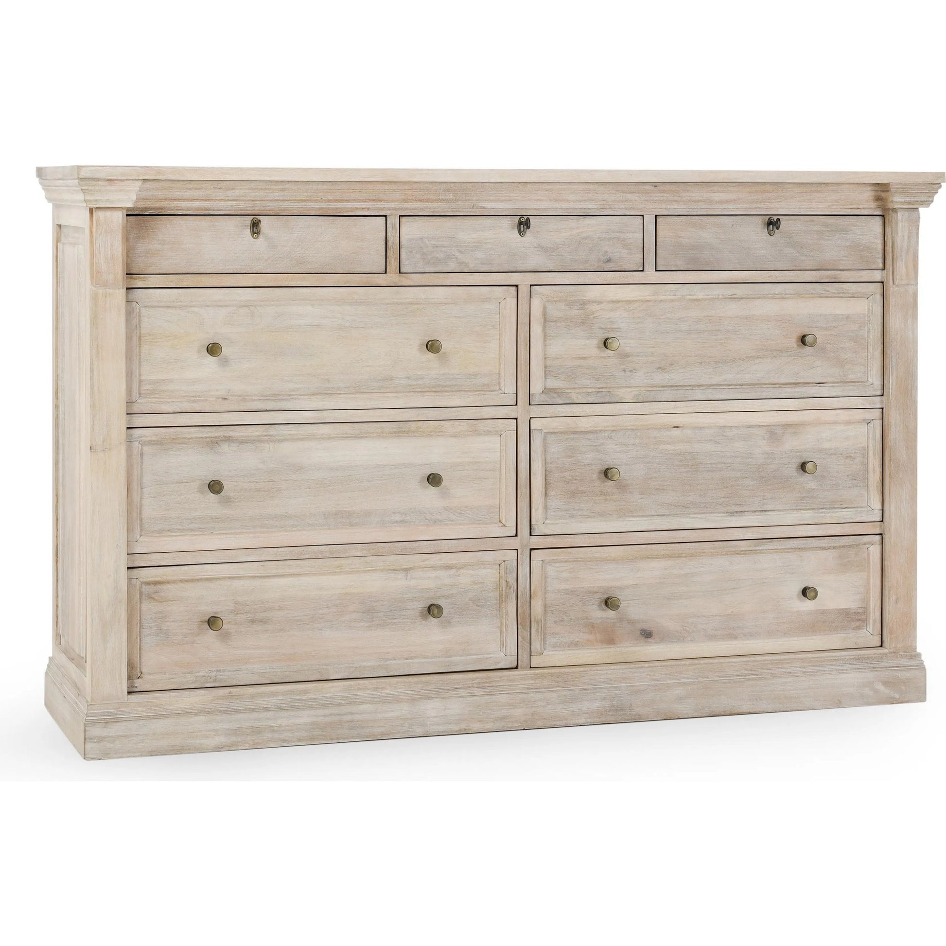 Adelaide 9-Drawer Mango Wood Dresser by Classic Home in white wash. Made from mango wood in a transitional style.