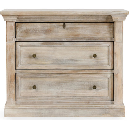 Adelaide Three-Door Mango Wood Nightstand by Classic Home in white wash. Made from mango wood in a transitional style.