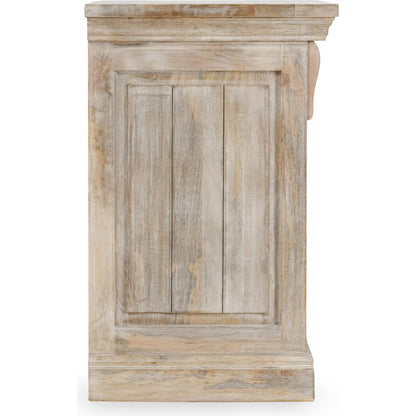 Adelaide Three-Door Mango Wood Nightstand by Classic Home in white wash. Made from mango wood in a transitional style.