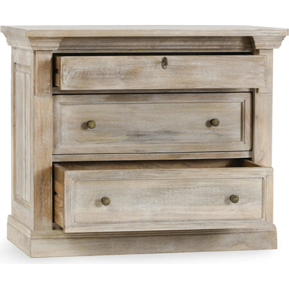 Adelaide Three-Door Mango Wood Nightstand by Classic Home in white wash. Made from mango wood in a transitional style.