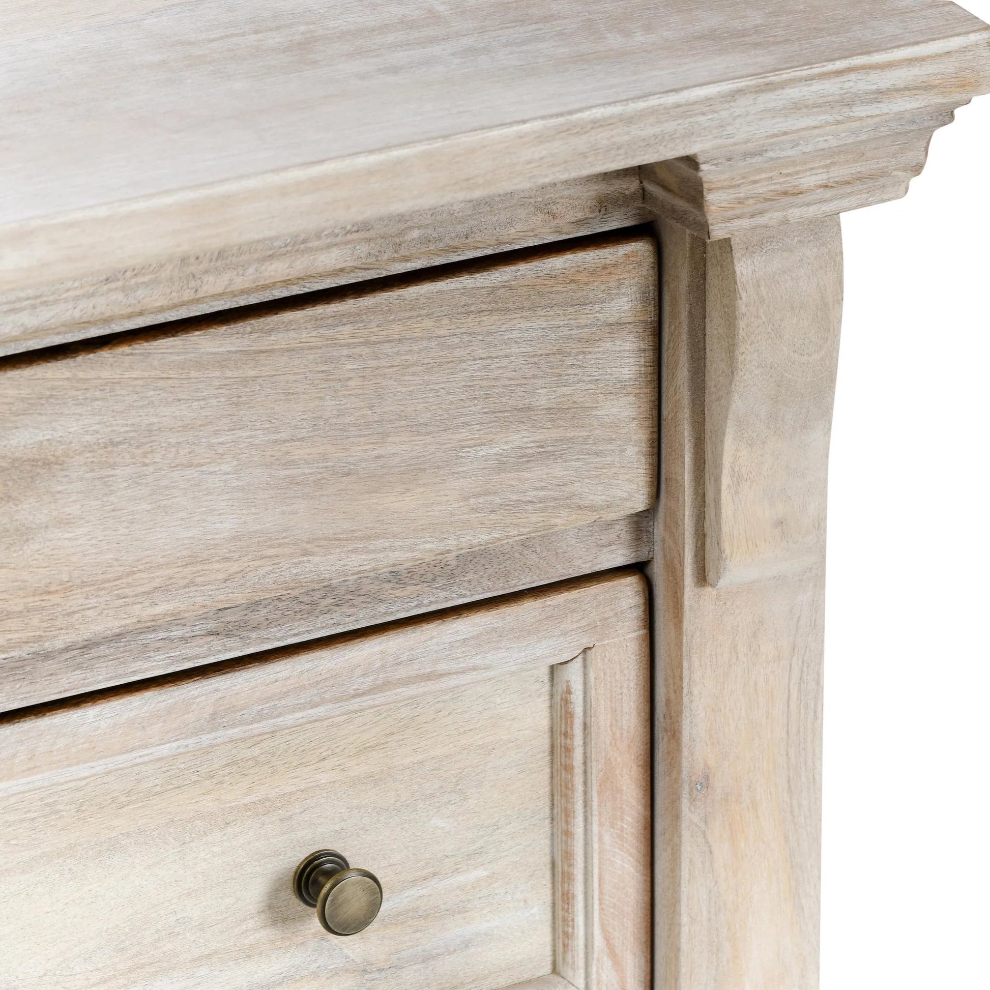 Adelaide Three-Door Mango Wood Nightstand by Classic Home in white wash. Made from mango wood in a transitional style.