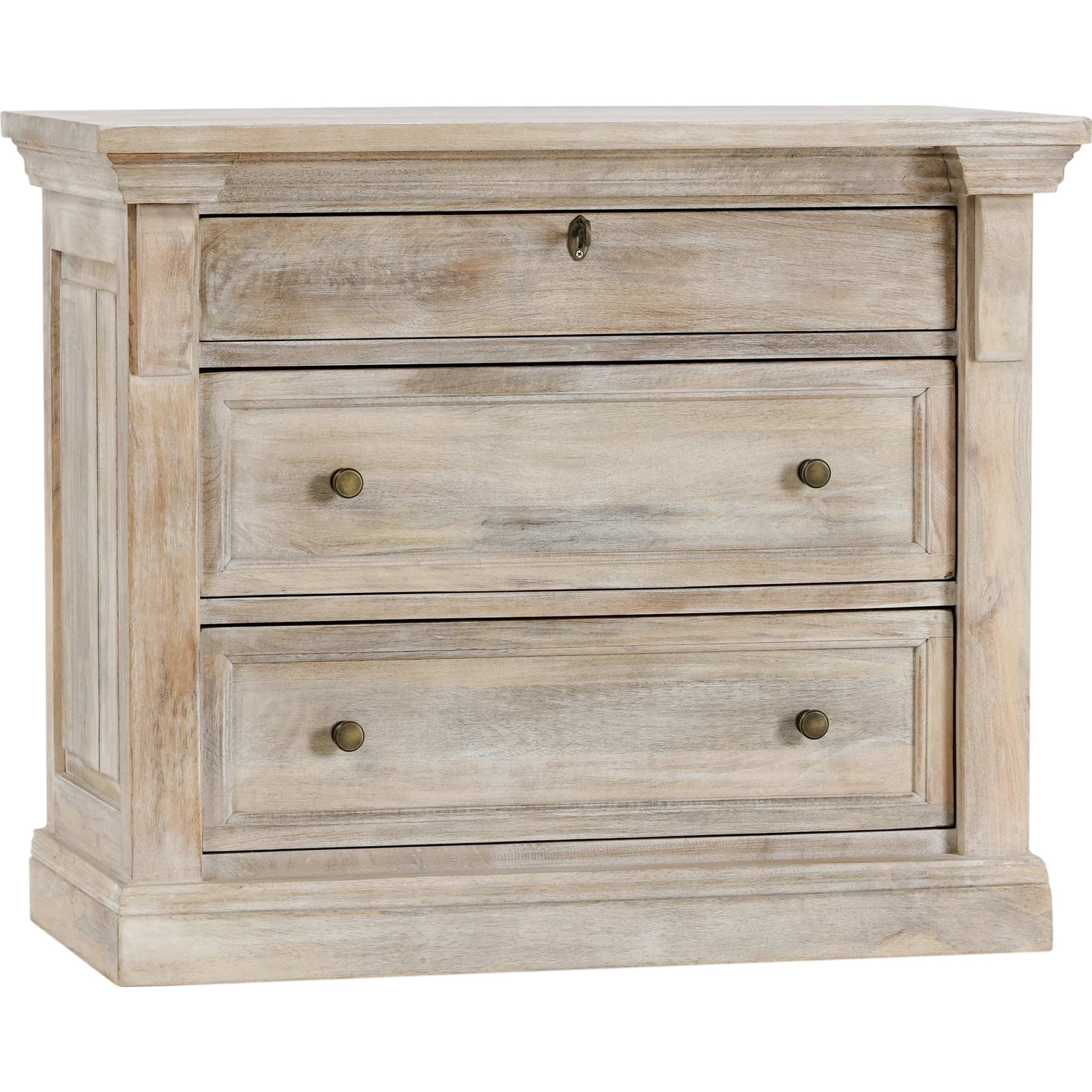 Adelaide Three-Door Mango Wood Nightstand by Classic Home in white wash. Made from mango wood in a transitional style.