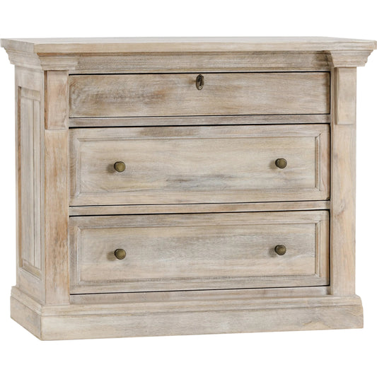 Adelaide Three-Door Mango Wood Nightstand by Classic Home in white wash. Made from mango wood in a transitional style.