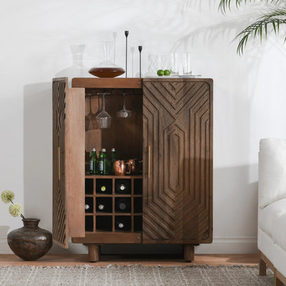 Holmes Mango Wood Carved Bar Cabinet by Classic Home in brown. Made from mango wood in a modern style.