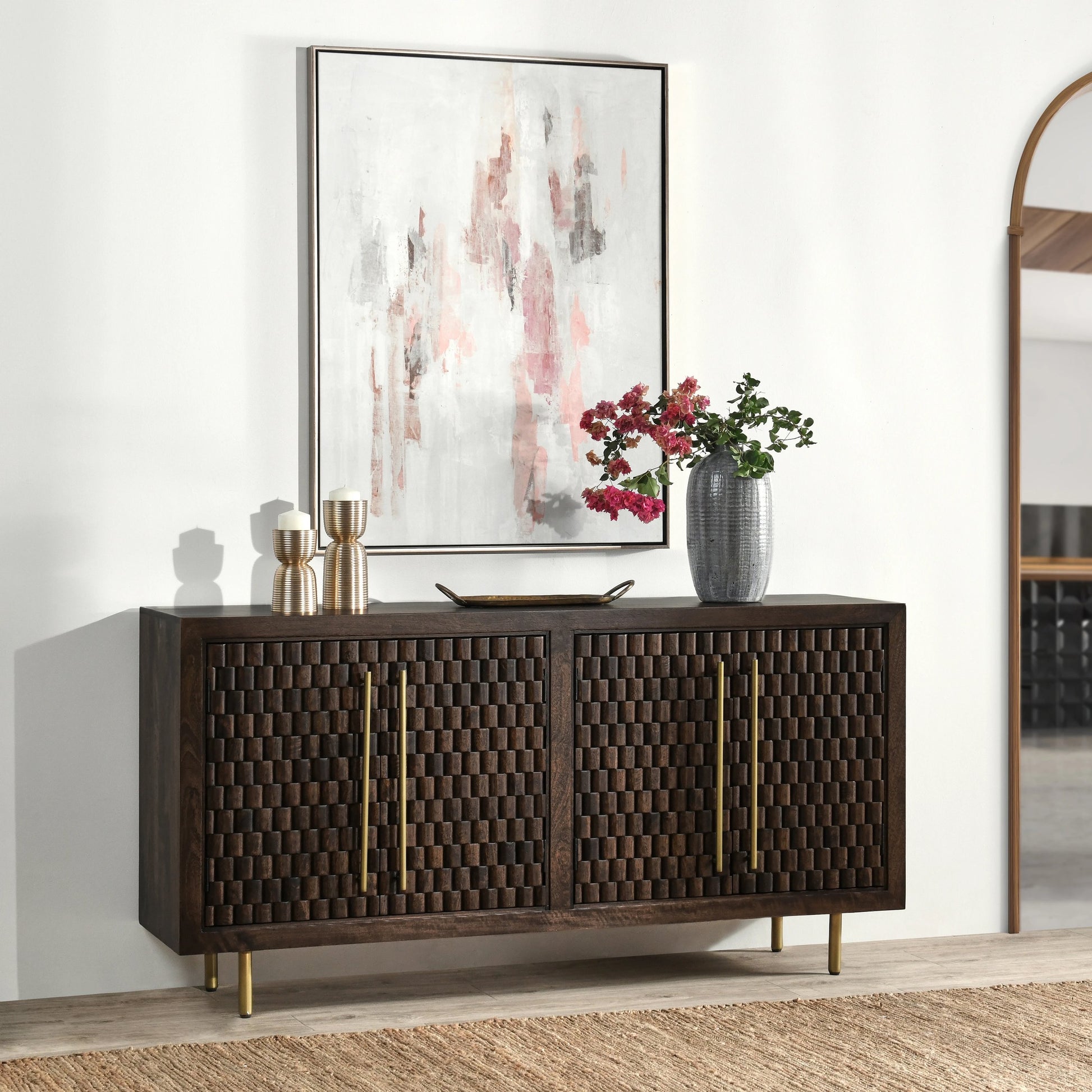 Norwood 4 Door Sideboard by Classic Home in brown. Made from mango wood with iron pull handles in a transitional style.
