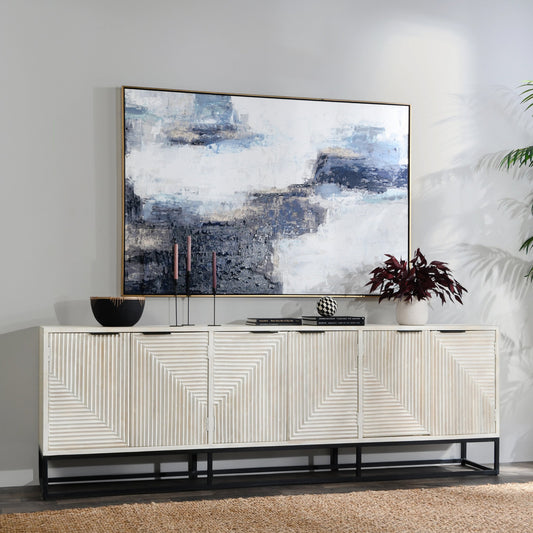 Flint 108" Sideboard by Classic Home in white. Made from mango wood, iron base in a modern style.