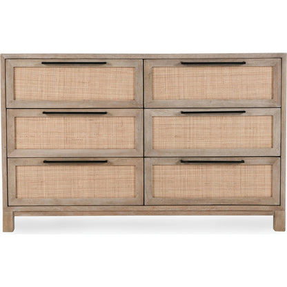 Jensen Six-Drawer Mango Wood Dresser by Classic Home in light brown. Made from mango wood, cane in a cottage & farmhouse style.