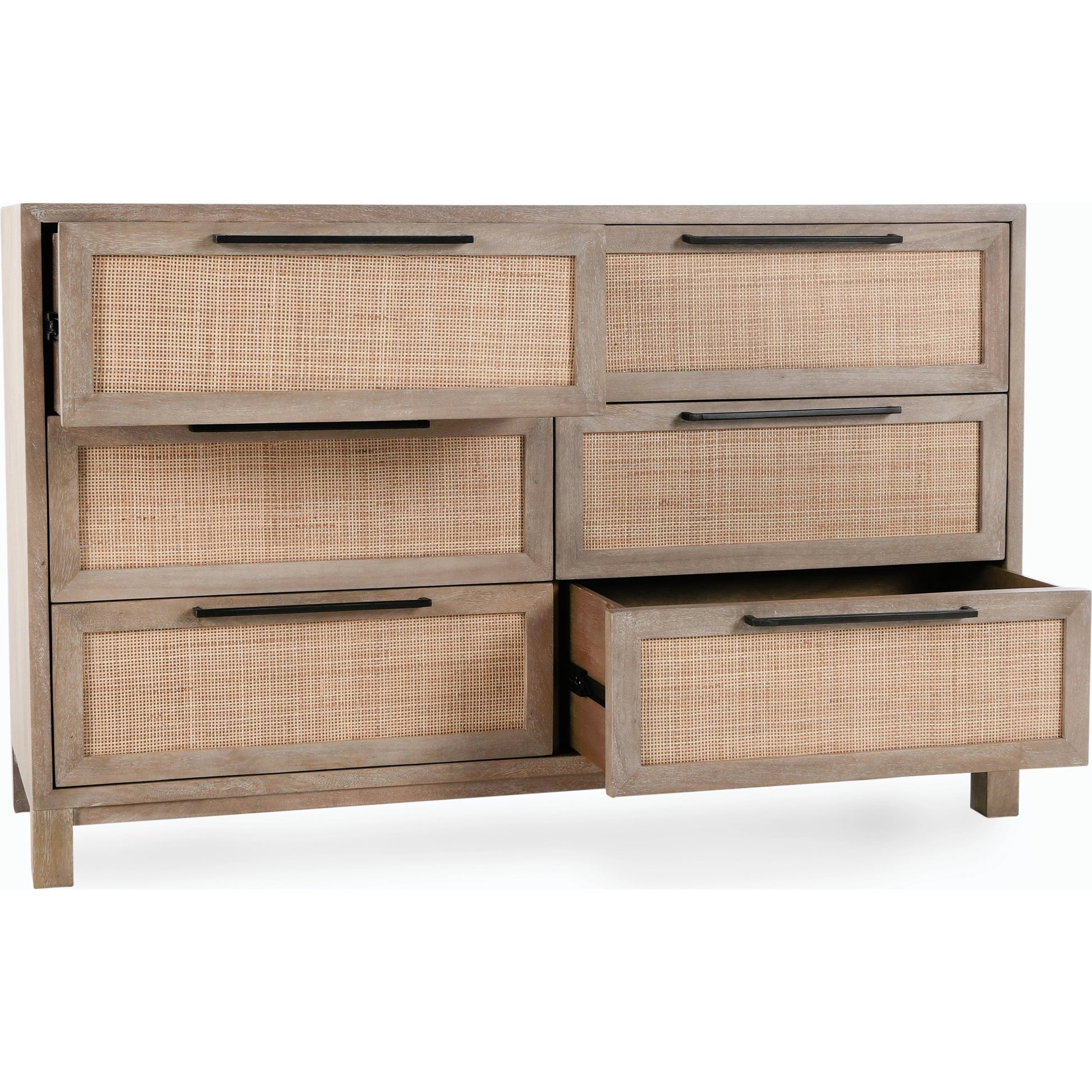 Jensen Six-Drawer Mango Wood Dresser by Classic Home in light brown. Made from mango wood, cane in a cottage & farmhouse style.