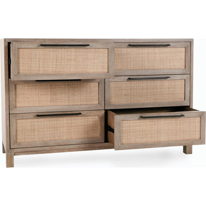 Jensen Six-Drawer Mango Wood Dresser by Classic Home in light brown. Made from mango wood, cane in a cottage & farmhouse style.