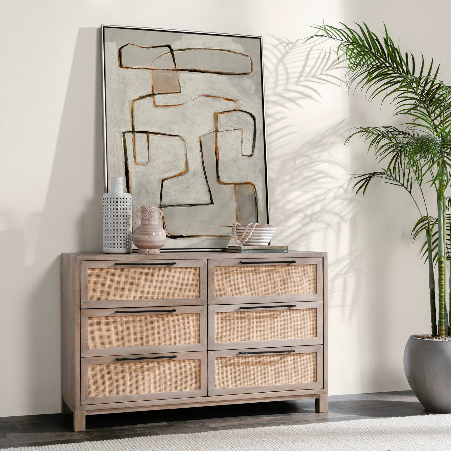 011 SI-2162602 | Lifestyle | Jensen Six-Drawer Mango Wood Dresser by Classic Home in light brown. Made from mango wood, cane in a cottage & farmhouse style.