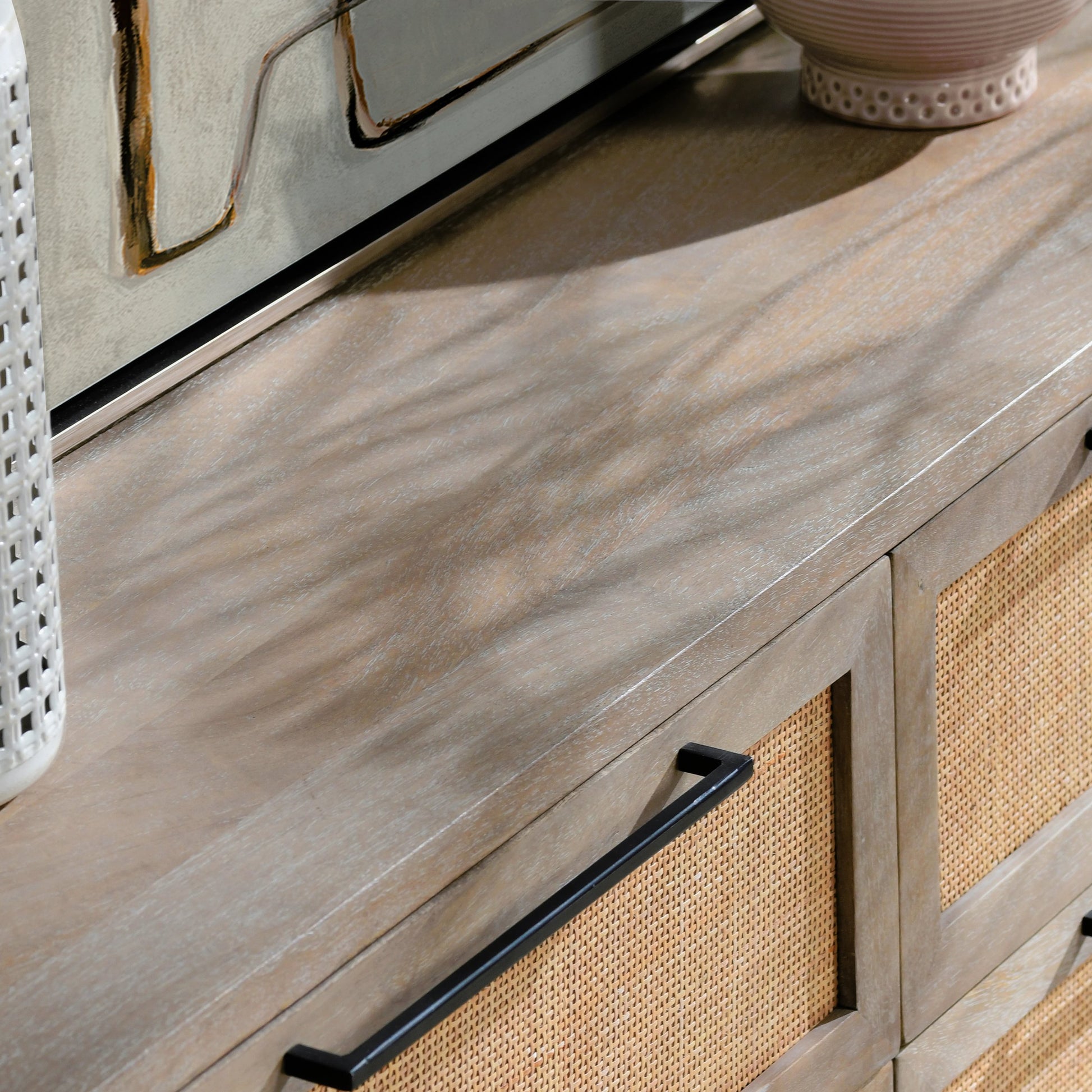 Jensen Six-Drawer Mango Wood Dresser by Classic Home in light brown. Made from mango wood, cane in a cottage & farmhouse style.