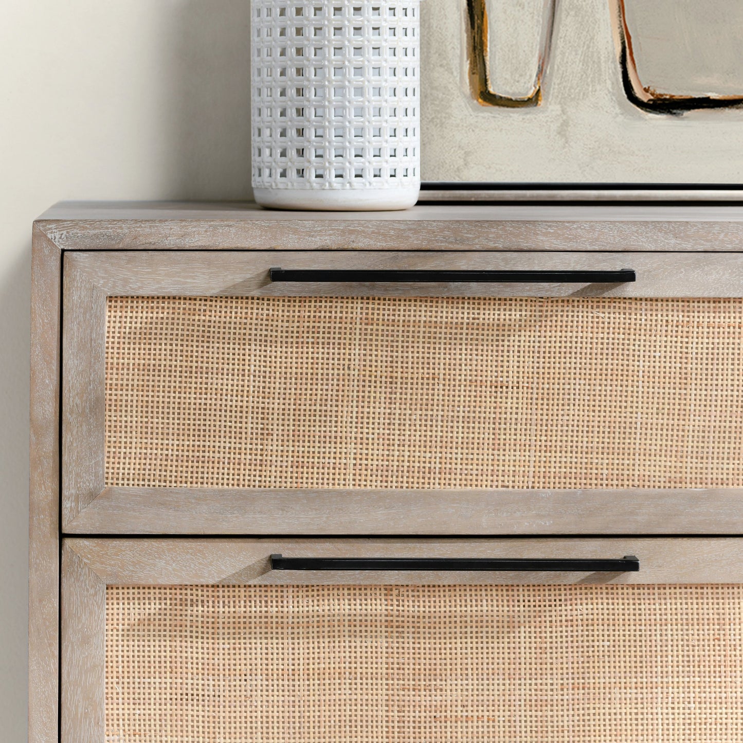 005 SI-2162602 | Closeup | Jensen Six-Drawer Mango Wood Dresser by Classic Home in light brown. Made from mango wood, cane in a cottage & farmhouse style.