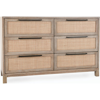 Jensen Six-Drawer Mango Wood Dresser by Classic Home in light brown. Made from mango wood, cane in a cottage & farmhouse style.