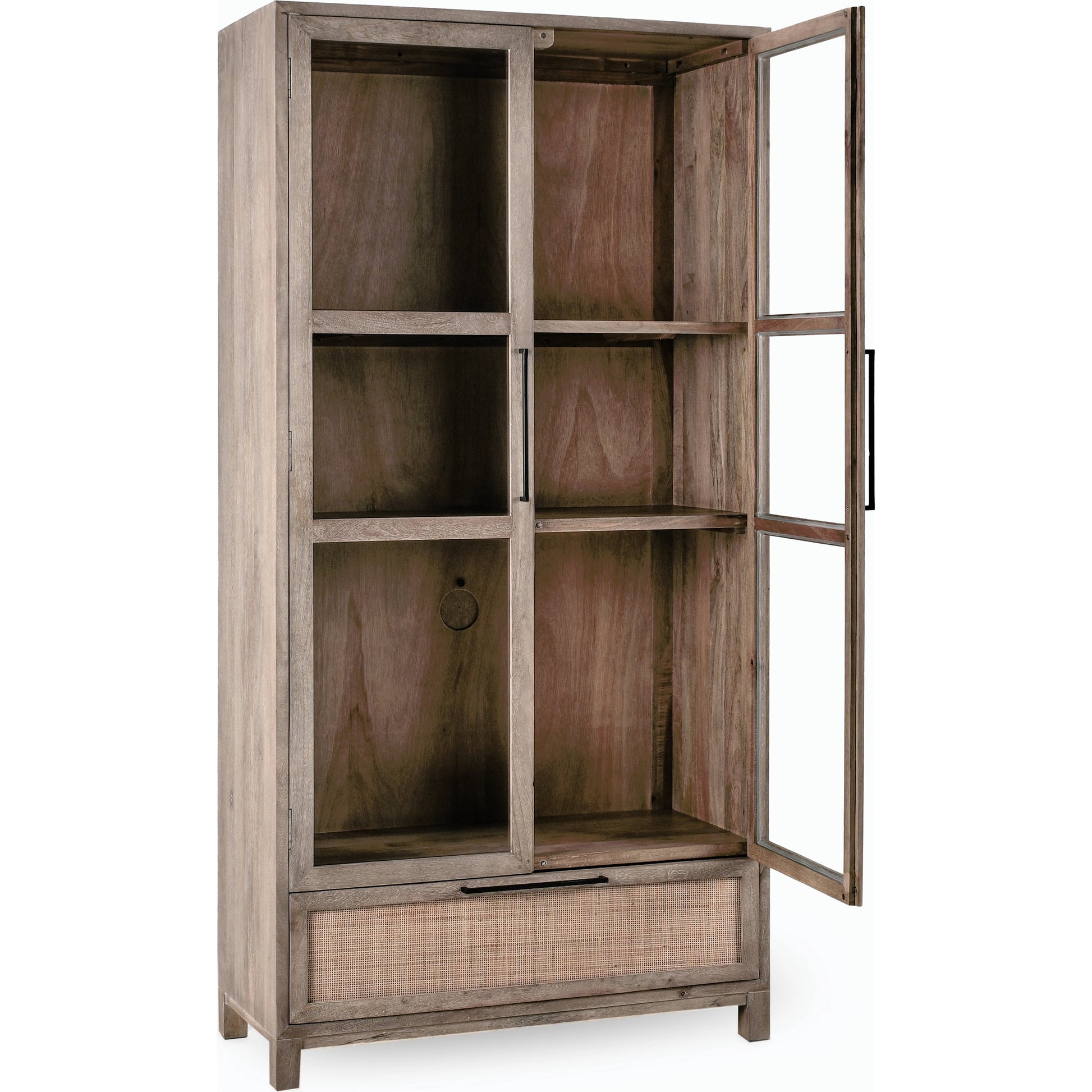 Jensen Tall Cabinet by Classic Home in taupe. Made from mango wood, cane, tempered glass in a modern style.