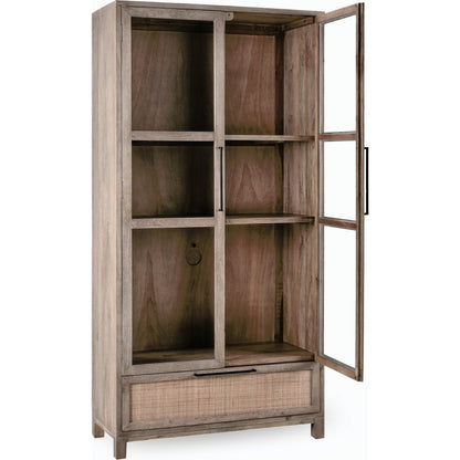 Jensen Tall Cabinet by Classic Home in taupe. Made from mango wood, cane, tempered glass in a modern style.