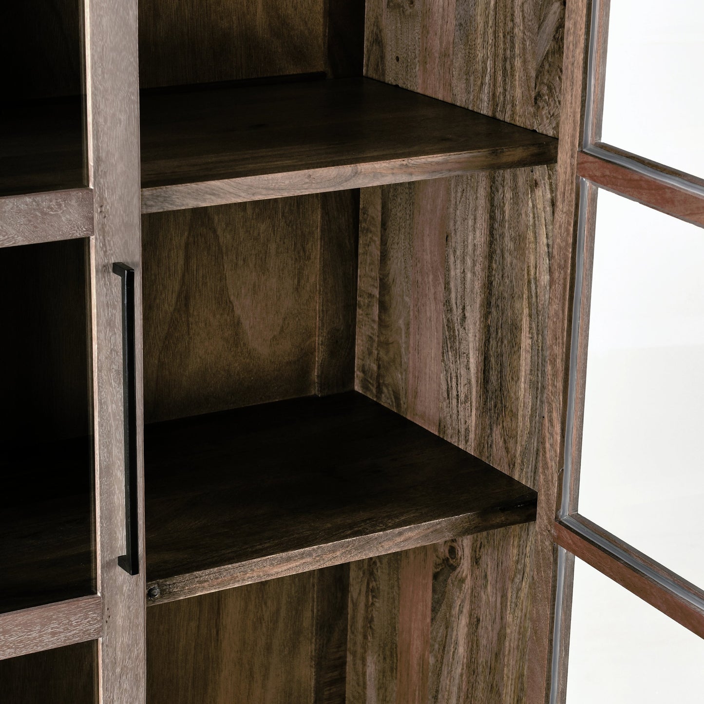 006 SI-2162603 | Closeup | Jensen Tall Cabinet by Classic Home in taupe. Made from mango wood, cane, tempered glass in a modern style.