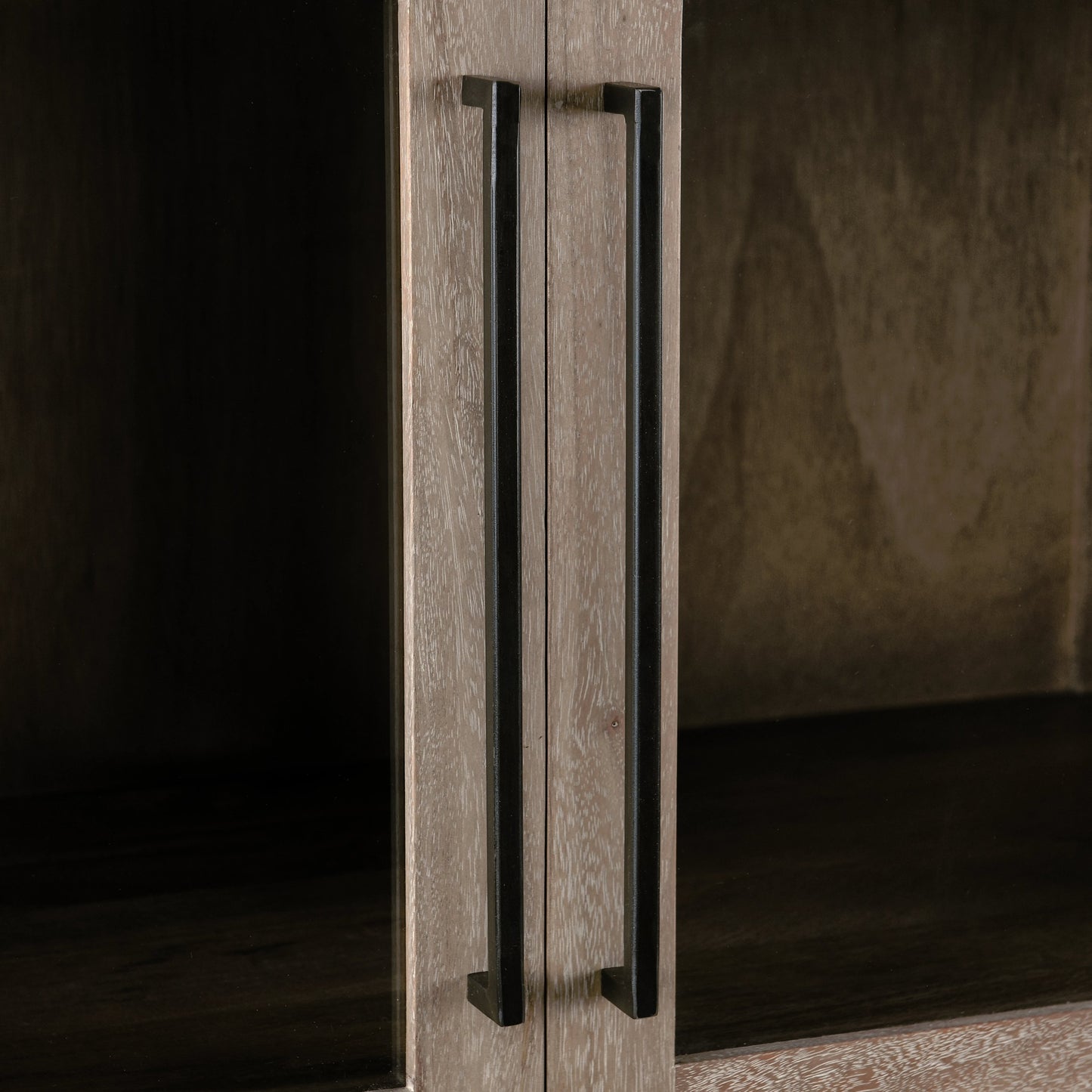008 SI-2162603 | Closeup | Jensen Tall Cabinet by Classic Home in taupe. Made from mango wood, cane, tempered glass in a modern style.