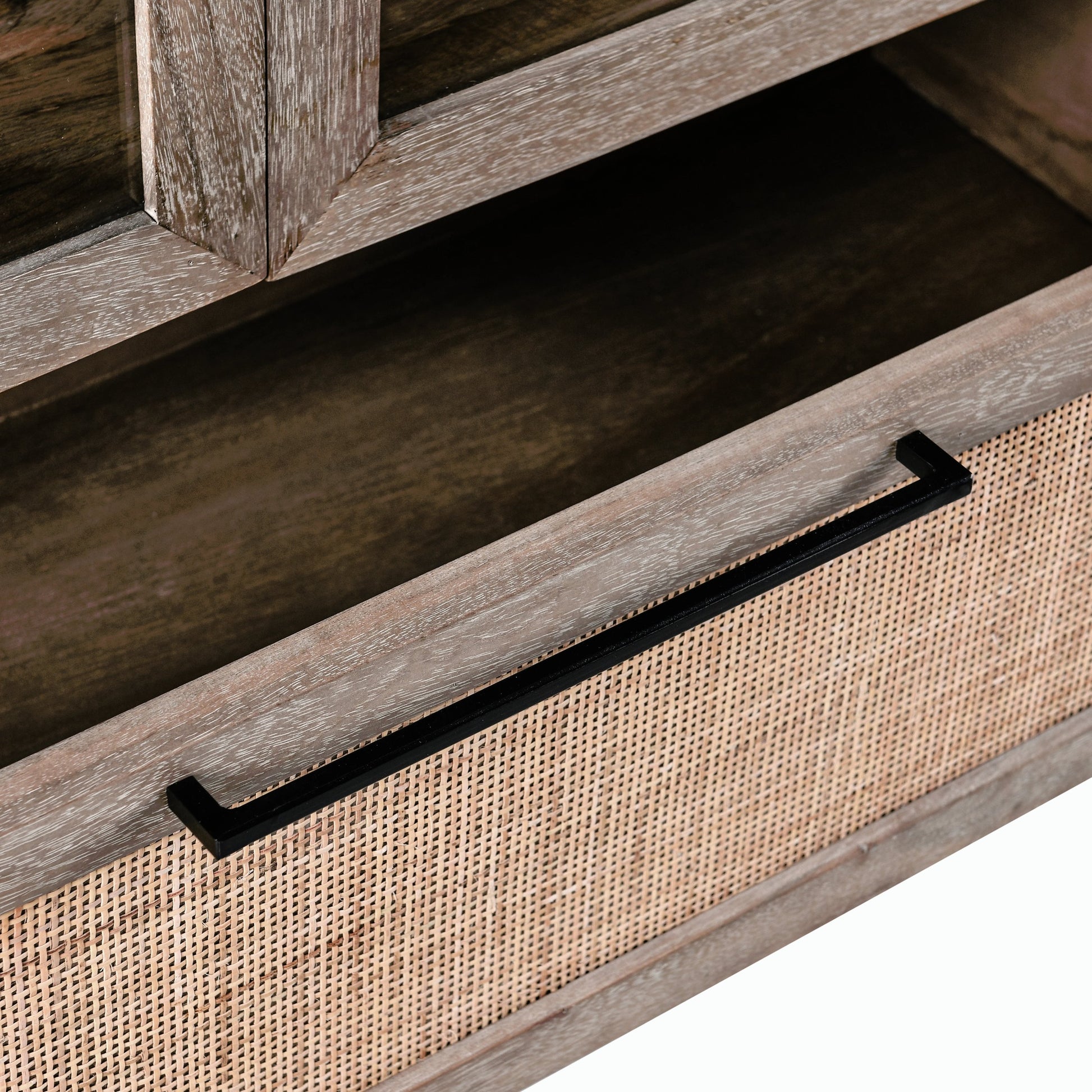 Jensen Tall Cabinet by Classic Home in taupe. Made from mango wood, cane, tempered glass in a modern style.