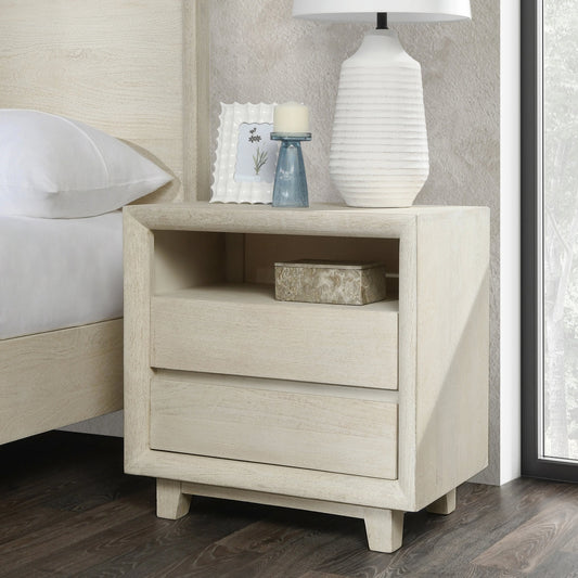 Reece Two-Drawer Mango Wood Nightstand by Classic Home in sand. Made from mango wood in a modern style.