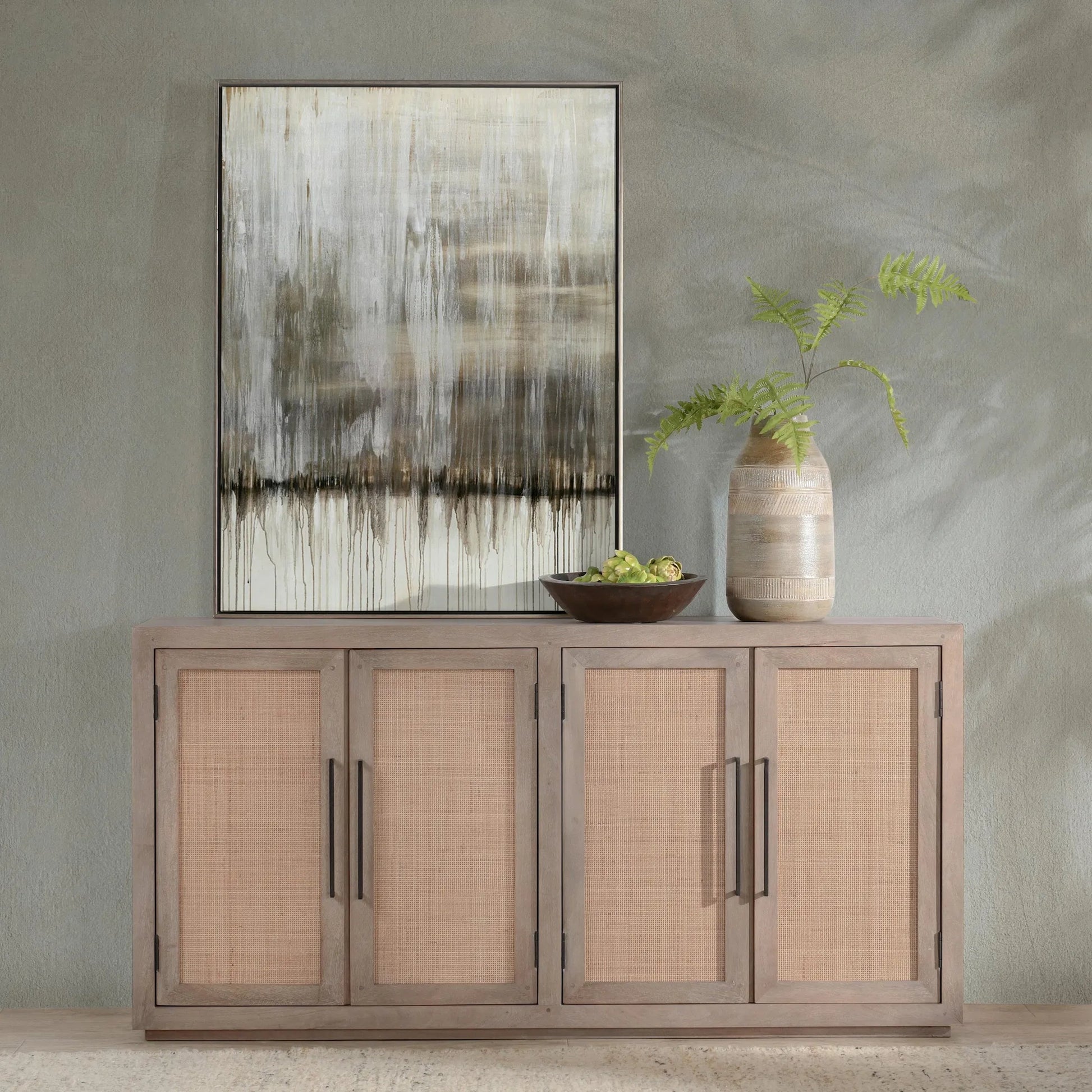 Jensen 72" Wood and Cane Weave Buffet Sideboard by Classic Home in taupe. Made from mango wood, cane in a transitional style.