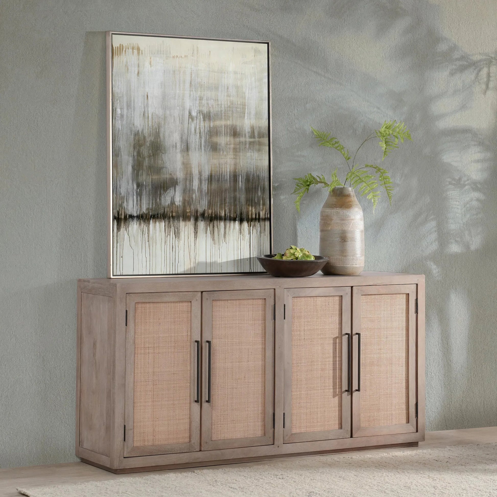 Jensen 72" Wood and Cane Weave Buffet Sideboard by Classic Home in taupe. Made from mango wood, cane in a transitional style.