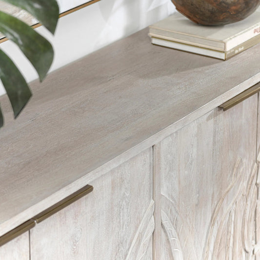 Ledro 82" Solid Wood Buffet Sideboard by Classic Home in white wash. Made from mango wood in a unique style.