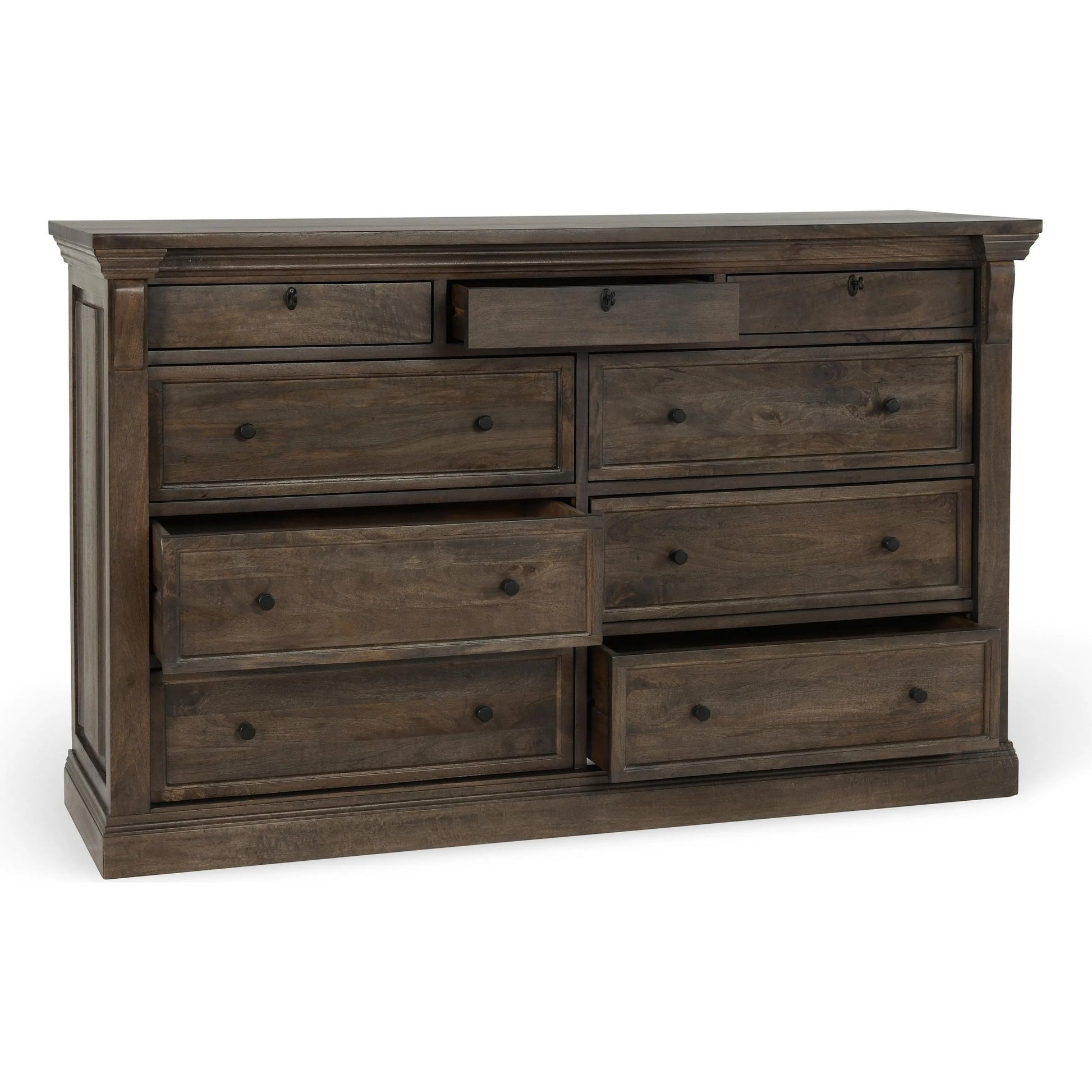 Adelaide Nine-Drawer Mango Wood Dresser by Classic Home in cocoa brown. Made from mango wood in a traditional style.