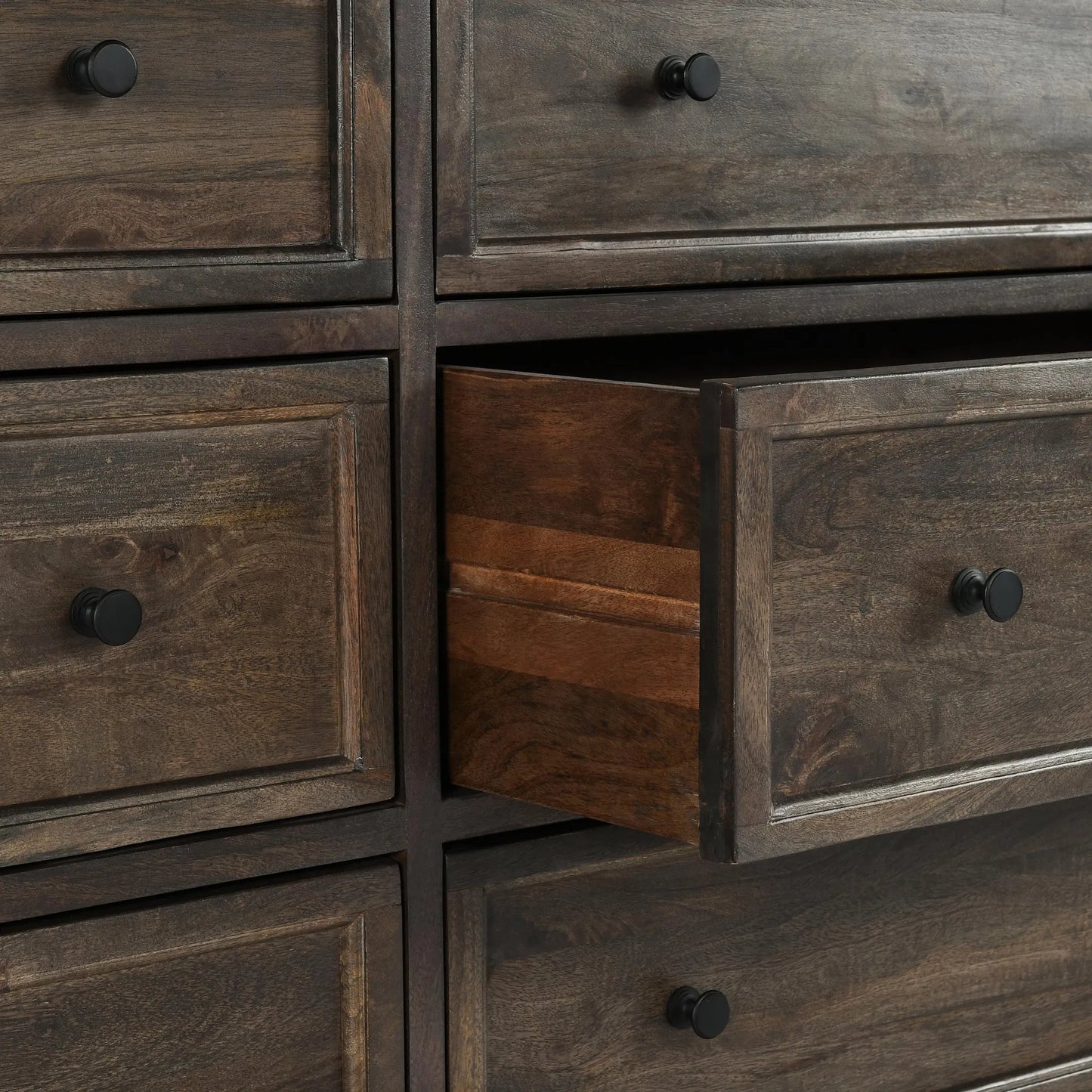 006 SI-2238865 | Closeup | Adelaide Nine-Drawer Mango Wood Dresser by Classic Home in cocoa brown. Made from mango wood in a traditional style.