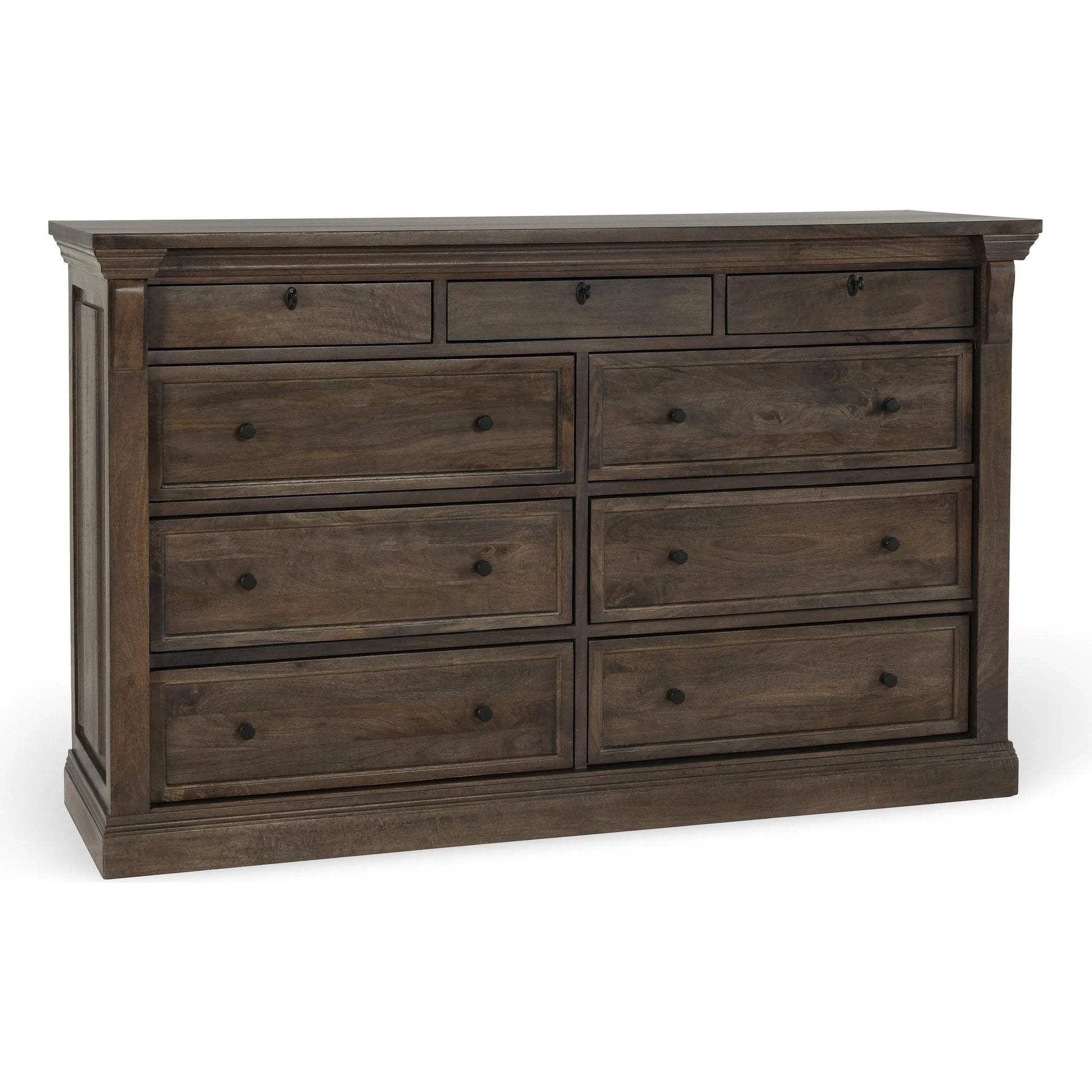 Adelaide Nine-Drawer Mango Wood Dresser by Classic Home in cocoa brown. Made from mango wood in a traditional style.