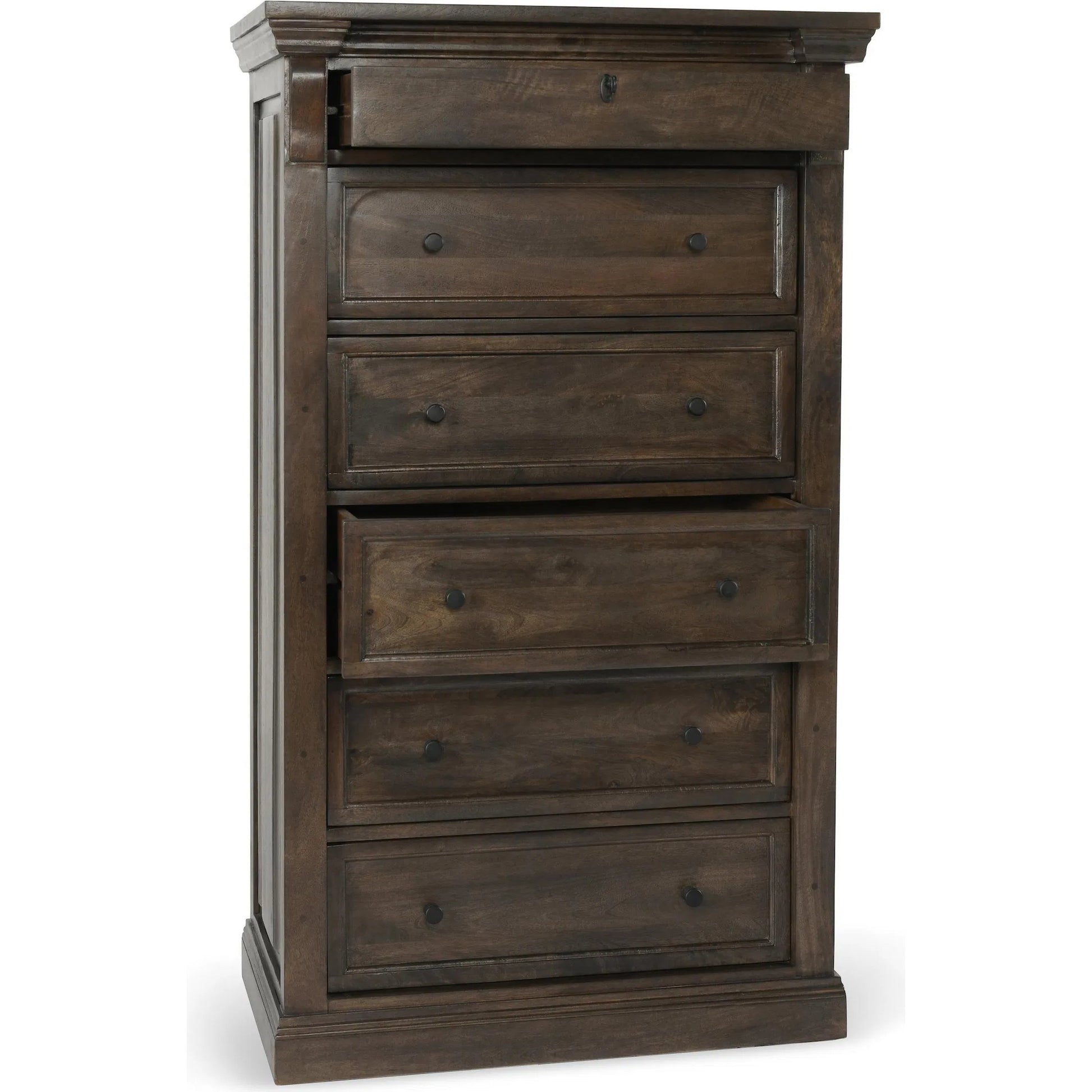 Adelaide Six-Drawer Mango Wood Chest Dresser by Classic Home in cocoa brown. Made from mango wood in a traditional style.