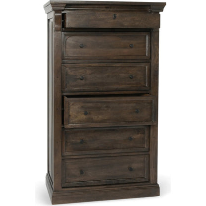 Adelaide Six-Drawer Mango Wood Chest Dresser by Classic Home in cocoa brown. Made from mango wood in a traditional style.