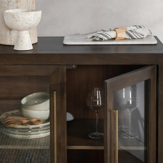 Bradley Two-Door Oak Wood Cabinet by Classic Home in cocoa brown. Made from oak wood, tempered glass in a traditional style.