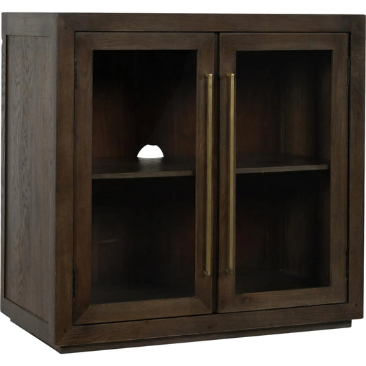 Bradley Two-Door Oak Wood Cabinet by Classic Home in cocoa brown. Made from oak wood, tempered glass in a traditional style.