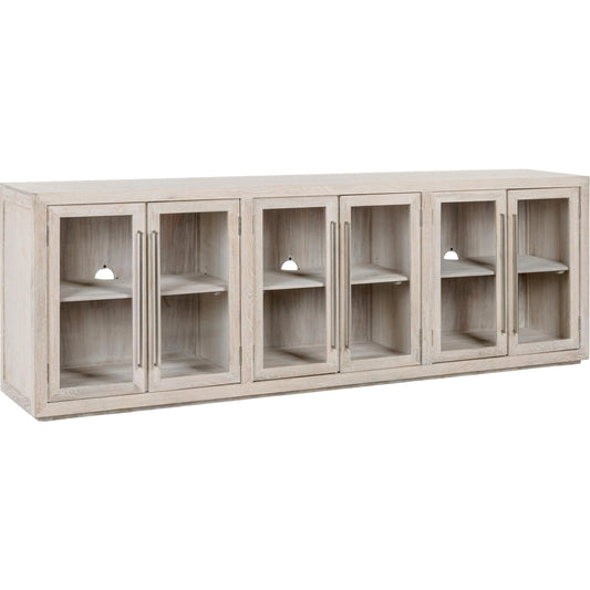 Bradley 6-Door Oak Wood Cabinet by Classic Home in white wash. Made from oak wood, iron, tempered glass in a unique style.