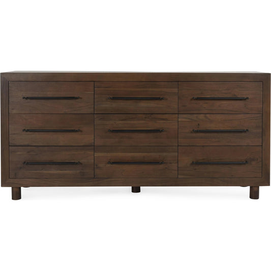 Jaxon Nine-Drawer Acacia Wood Dresser by Classic Home in cocoa brown. Made from acacia wood in a unique style.