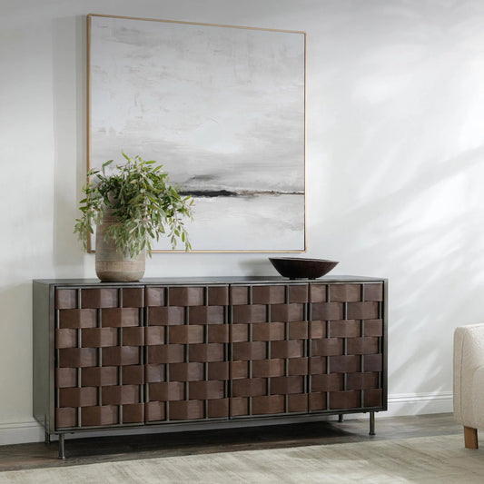 Komo Metal 4-Door Sideboard Buffet by Classic Home in brown. Made from metal, top grain leather in a unique style.