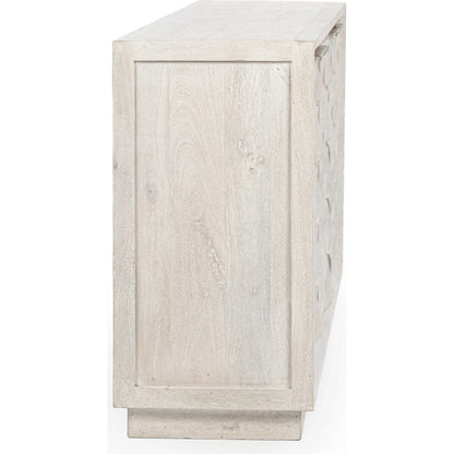 Marvin 4-Door Mango Wood Sideboard Buffet by Classic Home in whitewash. Made from mango wood in a transitional style.