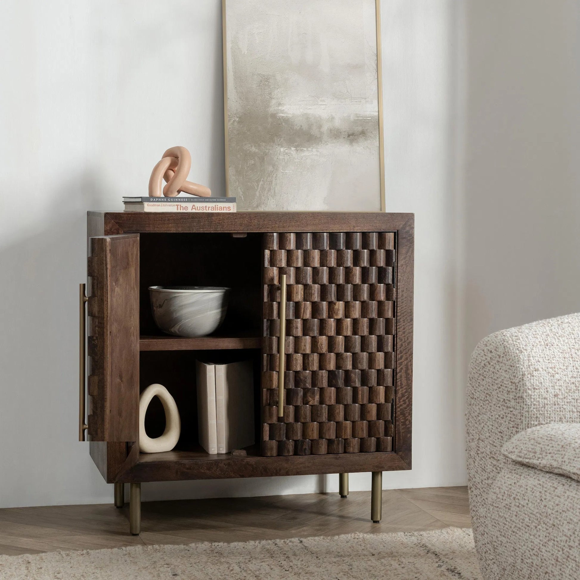 Norwood 2-Door Mango Wood Cabinet by Classic Home in dark brown. Made from mango wood in a unique style.