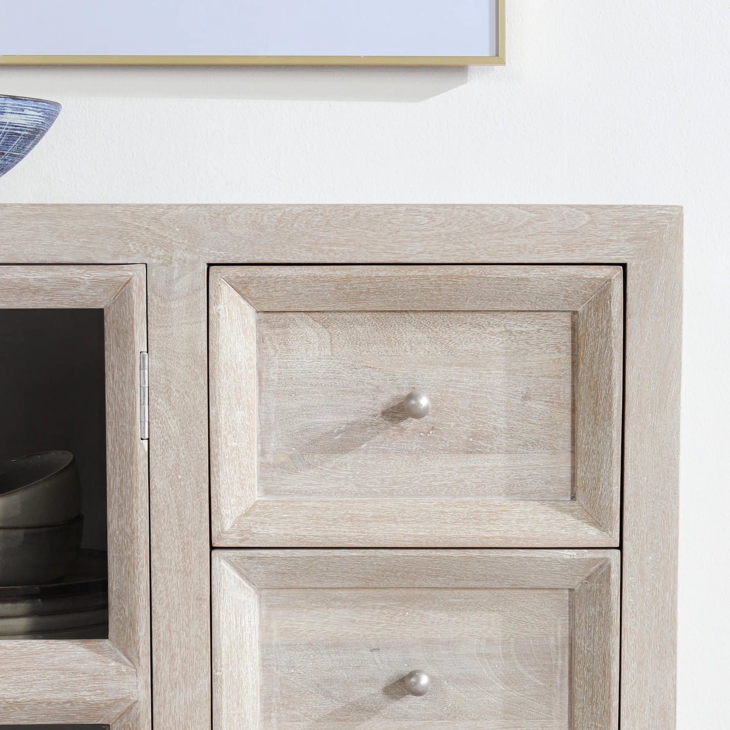 010 SI-2353733 | Closeup | Isha Mango Wood Cabinet by Classic Home in whitewash. Made from mango wood, tempered glass in a transitional style.