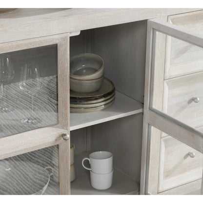 Isha Mango Wood Cabinet by Classic Home in whitewash. Made from mango wood, tempered glass in a transitional style.
