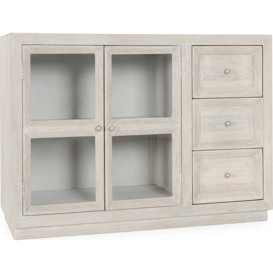 Isha Mango Wood Cabinet by Classic Home in whitewash. Made from mango wood, tempered glass in a transitional style.