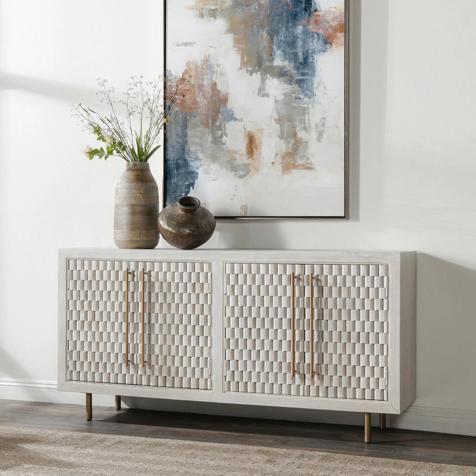Norwood 4-Door Mango Wood Buffet Sideboard by Classic Home in white wash. Made from mango wood, iron in a unique style.