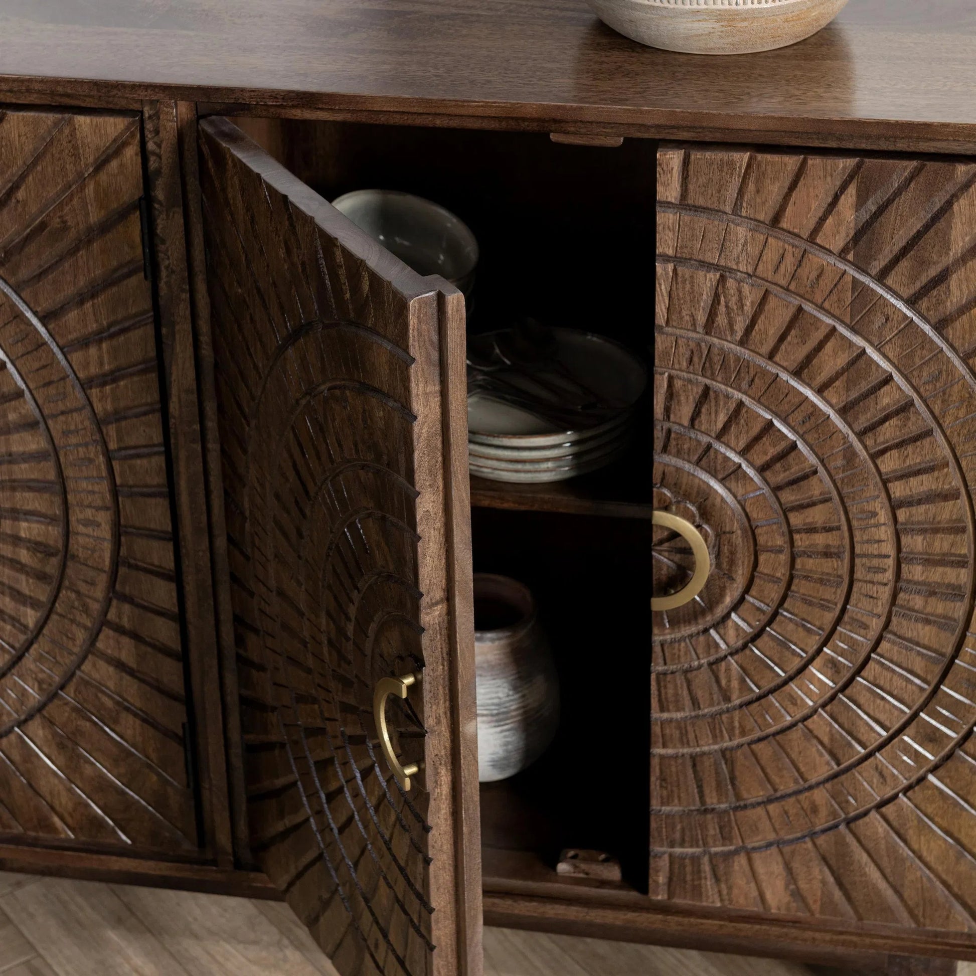 Vivienne 4-Door Mango Wood Buffet Sideboard by Classic Home in brown. Made from mango wood in a traditional style.
